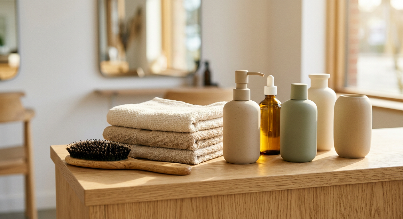 Salon styling station with a wooden brush, towels and hair care bottles